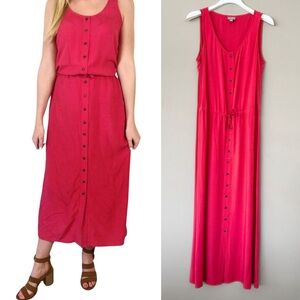 J. Jill Medium Shirt Dress Gayla Sleeveless Midi Pink Red Tie Waist Button Front